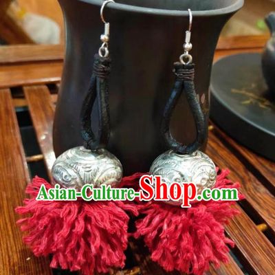 Handmade China Miao Ethnic Red Waxed Thread Earrings Traditional National Sliver Ear Accessories Women Jewelry
