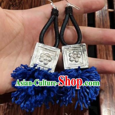 Handmade China Traditional National Sliver Ear Accessories Women Jewelry Miao Ethnic Blue Waxed Thread Earrings