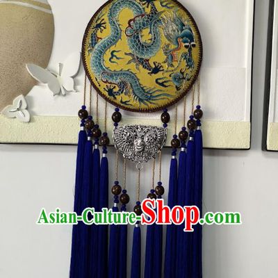 Handmade China National Royalblue Tassel Rattan Accessories Traditional Embroidered Dragon Pendant