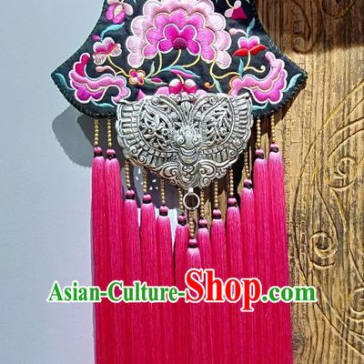 Handmade China National Silver Carving Butterfly Rosy Tassel Accessories Traditional Embroidered Necklace Pendant