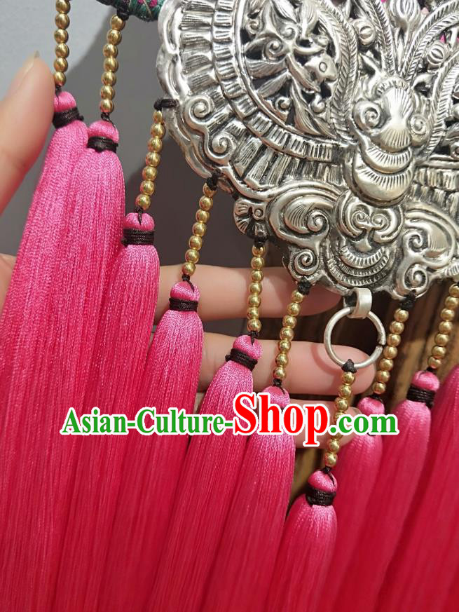 Handmade China National Silver Carving Butterfly Rosy Tassel Accessories Traditional Embroidered Necklace Pendant Handmade China National Silver Carving Butterfly Rosy Tassel Accessories Traditional Embroidered Necklace Pendant
