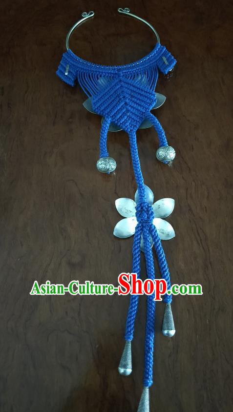 Handmade China National Silver Flowers Tassel Accessories Traditional Blue Sennit Necklet Handmade China National Silver Flowers Tassel Accessories Traditional Blue Sennit Necklet
