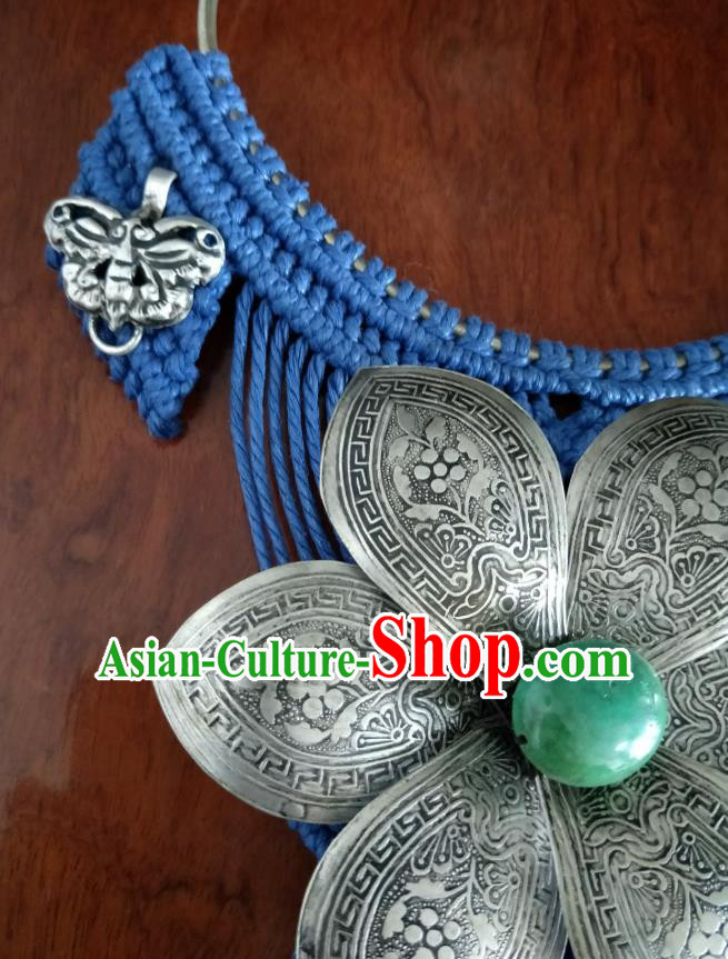 Handmade China National Silver Flowers Tassel Accessories Traditional Blue Sennit Necklet Handmade China National Silver Flowers Tassel Accessories Traditional Blue Sennit Necklet