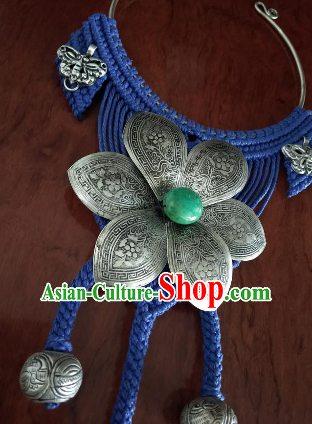 Handmade China National Silver Flowers Tassel Accessories Traditional Blue Sennit Necklet Handmade China National Silver Flowers Tassel Accessories Traditional Blue Sennit Necklet