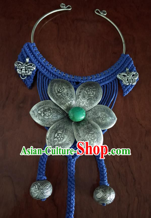 Handmade China National Silver Flowers Tassel Accessories Traditional Blue Sennit Necklet Handmade China National Silver Flowers Tassel Accessories Traditional Blue Sennit Necklet
