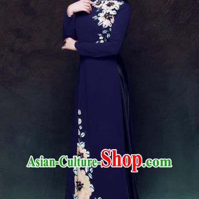 Asian Vietnam Classical Peony Pattern Ao Dai Qipao Traditional Vietnamese Cheongsam Costumes Navy Dress and Loose Pants for Women