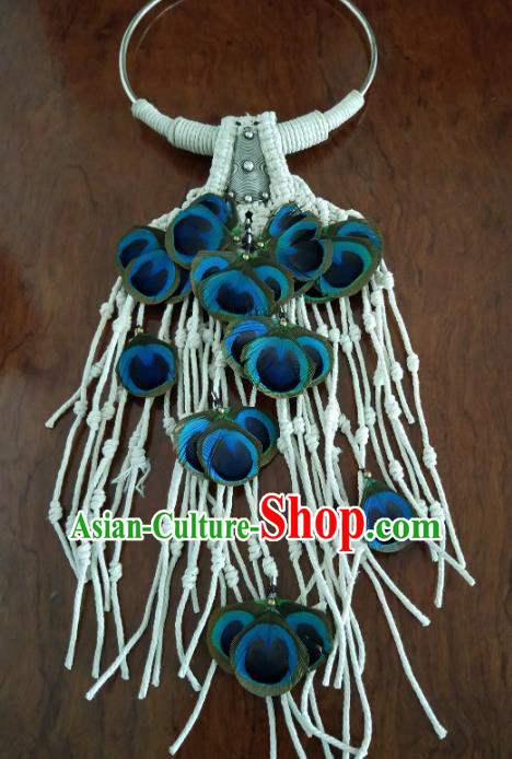 China National Peacock Feather Necklet Accessories Traditional Miao Ethnic Handmade Silver Necklace China National Peacock Feather Necklet Accessories Traditional Miao Ethnic Handmade Silver Necklace