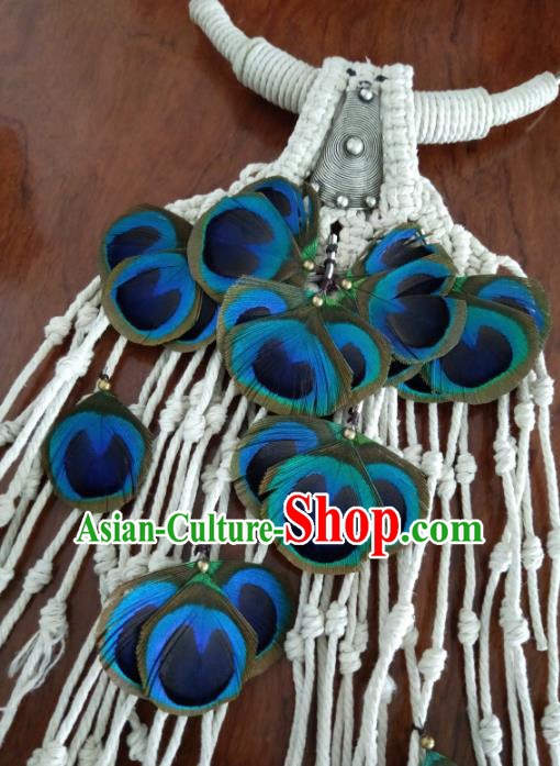 China National Peacock Feather Necklet Accessories Traditional Miao Ethnic Handmade Silver Necklace China National Peacock Feather Necklet Accessories Traditional Miao Ethnic Handmade Silver Necklace