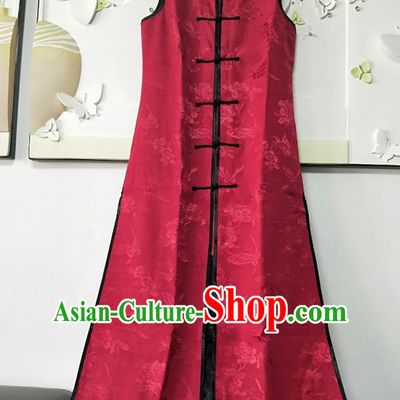 China National Red Satin Long Vest Women Classical Peony Butterfly Pattern Waistcoat Dress Traditional Tang Suit Clothing
