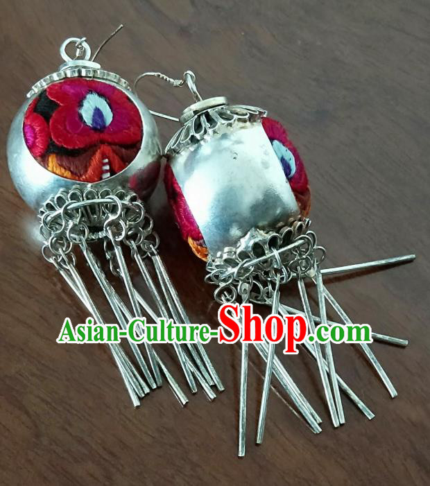 Handmade China National Silver Earrings Traditional Ethnic Women Jewelry Embroidered Ear Accessories