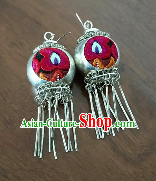 Handmade China National Silver Earrings Traditional Ethnic Women Jewelry Embroidered Ear Accessories