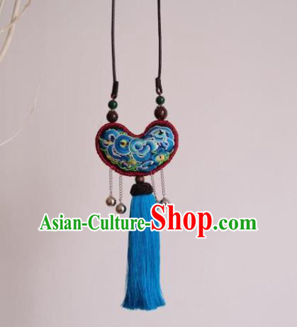 Traditional Miao Nationality Embroidered Accessories China Handmade Ethnic Blue Tassel Necklace Traditional Miao Nationality Embroidered Accessories China Handmade Ethnic Blue Tassel Necklace