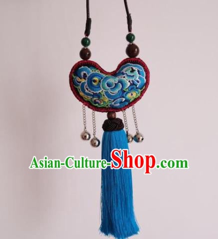 Traditional Miao Nationality Embroidered Accessories China Handmade Ethnic Blue Tassel Necklace Traditional Miao Nationality Embroidered Accessories China Handmade Ethnic Blue Tassel Necklace