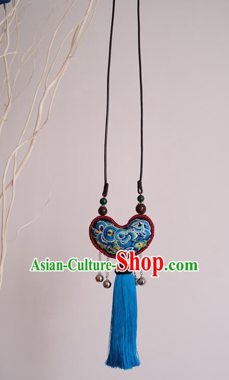 Traditional Miao Nationality Embroidered Accessories China Handmade Ethnic Blue Tassel Necklace Traditional Miao Nationality Embroidered Accessories China Handmade Ethnic Blue Tassel Necklace