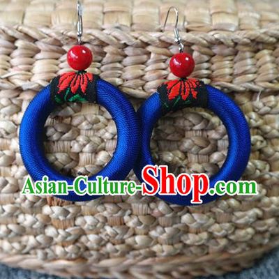 Handmade China National Eardrop Traditional Miao Nationality Ear Accessories Ethnic Royalblue Waxed Thread Earrings