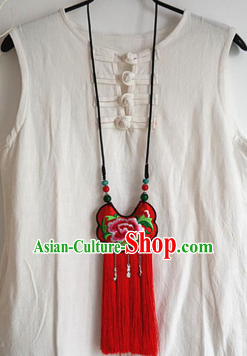 Handmade China National Red Tassel Longevity Lock Ethnic Accessories Embroidered Peony Necklace Handmade China National Red Tassel Longevity Lock Ethnic Accessories Embroidered Peony Necklace