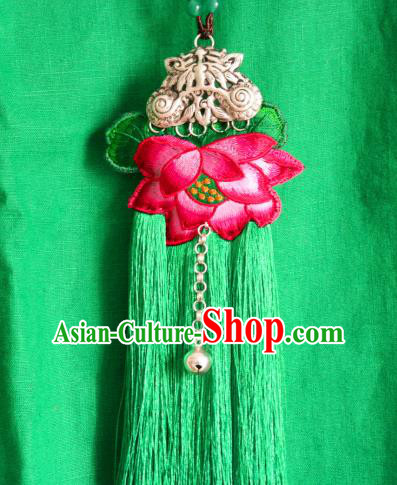 Handmade China Ethnic Accessories Embroidered Lotus Necklace National Green Tassel Longevity Lock