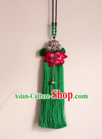Handmade China Ethnic Accessories Embroidered Lotus Necklace National Green Tassel Longevity Lock