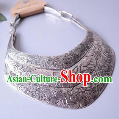 China Miao Ethnic Wedding Jewelry Handmade Silver Carving Peony Necklace Folk Dance Accessories