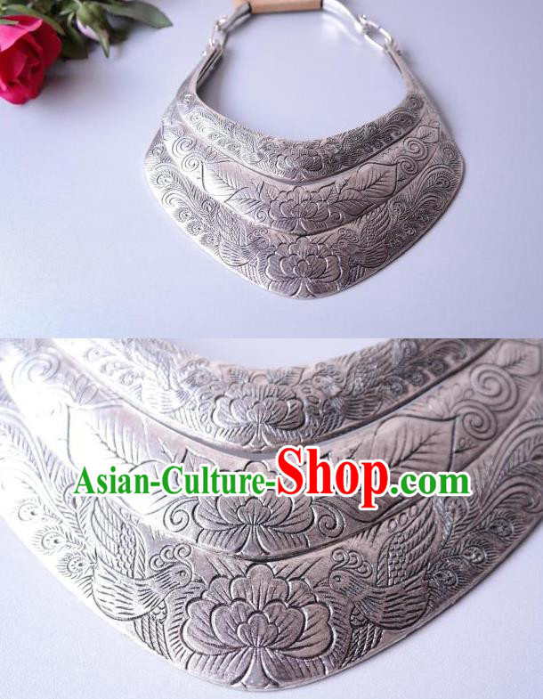 China Miao Ethnic Wedding Jewelry Handmade Silver Carving Peony Necklace Folk Dance Accessories