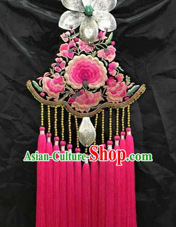 Traditional China Miao Nationality Rosy Tassel Jewelry Handmade Silver Necklace Ethnic Embroidered Accessories Traditional China Miao Nationality Rosy Tassel Jewelry Handmade Silver Necklace Ethnic Embroidered Accessories