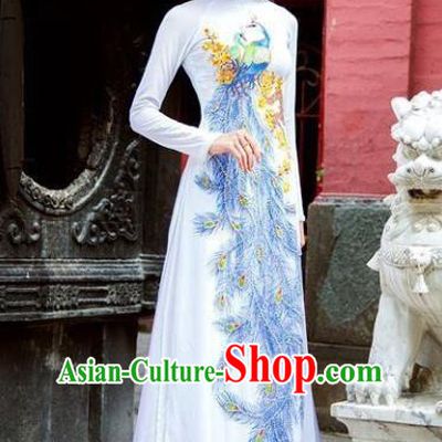 Asian Vietnam Classical Peacock Pattern Ao Dai Qipao Traditional Vietnamese Cheongsam Costumes White Dress and Loose Pants for Women