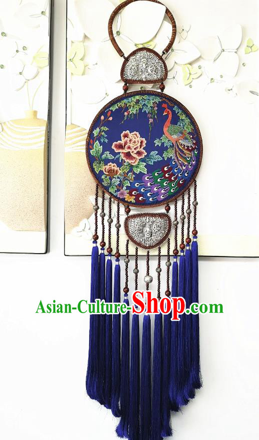 China National Embroidered Craft Accessories Miao Ethnic Silver Carving Royalblue Tassel Pendant