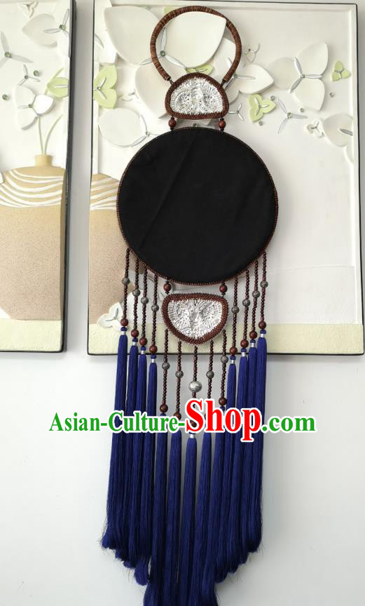 China National Embroidered Craft Accessories Miao Ethnic Silver Carving Royalblue Tassel Pendant