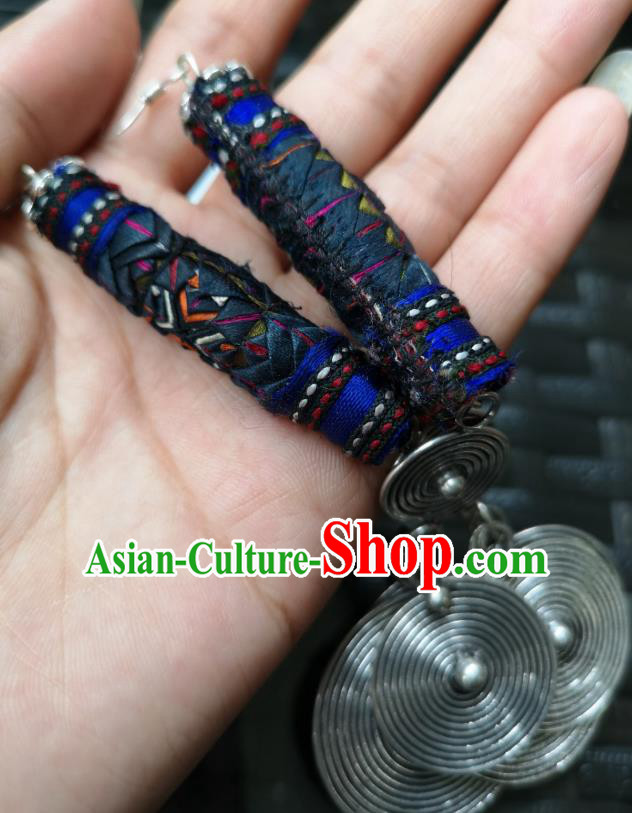 China National Embroidered Deep Blue Earrings Women Jewelry Miao Ethnic Silver Ear Accessories