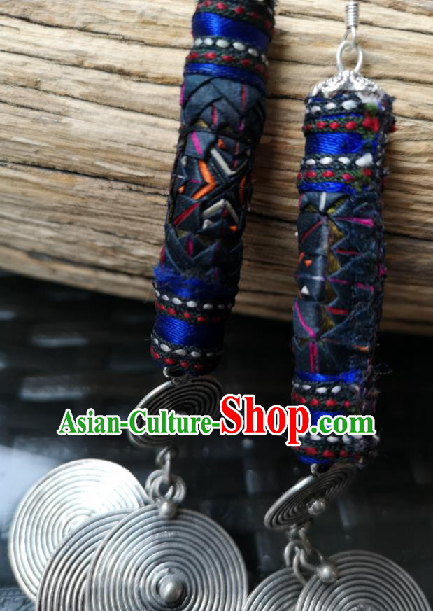 China National Embroidered Deep Blue Earrings Women Jewelry Miao Ethnic Silver Ear Accessories