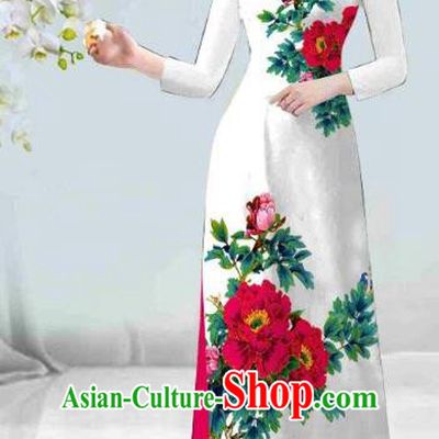 Asian Vietnam Classical Rosy Peony Pattern Ao Dai Qipao Traditional Vietnamese Costumes Cheongsam Dress and Loose Pants for Women