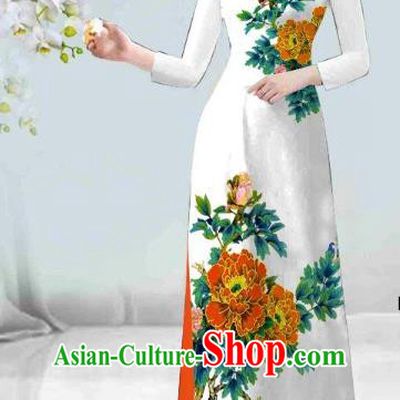 Asian Vietnam Classical Orange Peony Pattern Ao Dai Qipao Traditional Vietnamese Costumes Cheongsam Dress and Loose Pants for Women