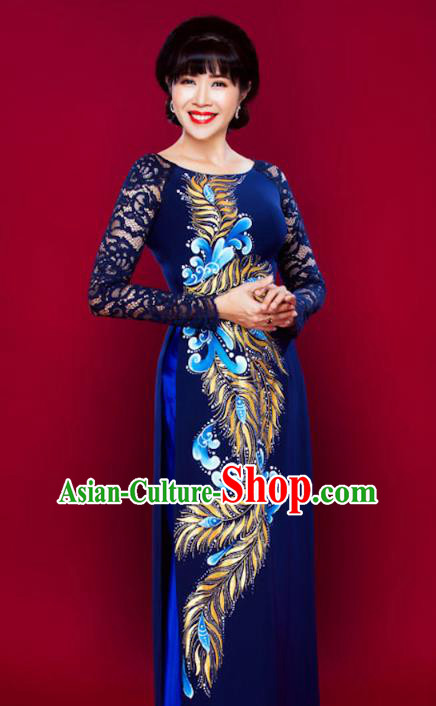 Asian Vietnam Classical Peacock Pattern Ao Dai Qipao Traditional Vietnamese Costumes Blue Lace Cheongsam Dress and Loose Pants for Women