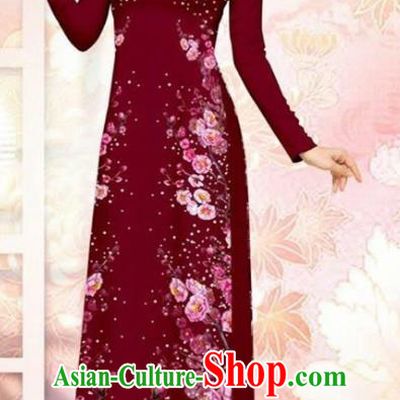 Asian Vietnam Dark Red Cheongsam Dress and Pants Traditional Vietnamese Costumes Classical Plum Blossom Pattern Ao Dai Qipao for Women