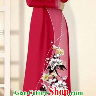 Asian Vietnam Wine Red Cheongsam Dress and Pants Traditional Vietnamese Costumes Classical Flowers Bird Pattern Ao Dai Qipao for Women