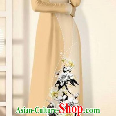 Asian Vietnam Beige Cheongsam Dress and Pants Traditional Vietnamese Costumes Classical Flowers Bird Pattern Ao Dai Qipao for Women