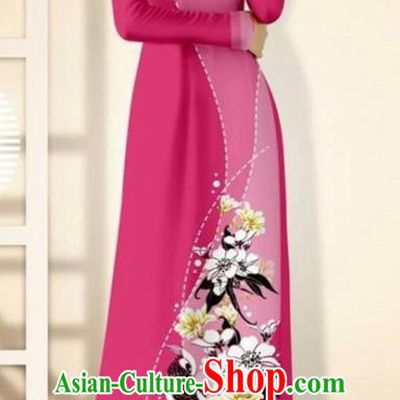 Asian Vietnam Rosy Cheongsam Dress and Pants Traditional Vietnamese Costumes Classical Flowers Bird Pattern Ao Dai Qipao for Women