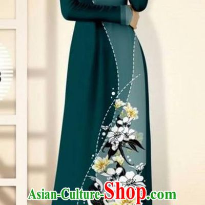 Asian Vietnam Atrovirens Cheongsam Dress and Pants Traditional Vietnamese Costumes Classical Flowers Bird Pattern Ao Dai Qipao for Women