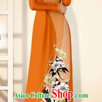 Asian Vietnam Orange Cheongsam Dress and Pants Traditional Vietnamese Costumes Classical Flowers Bird Pattern Ao Dai Qipao for Women