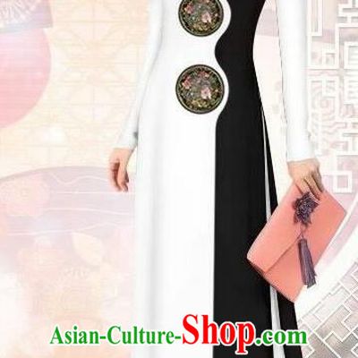Asian Vietnam Printing White Cheongsam Dress and Pants Traditional Vietnamese Costumes Classical Ao Dai Qipao for Women