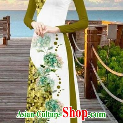 Asian Vietnam Printing Flowers Cheongsam Dress and Pants Traditional Vietnamese Costumes Classical Olive Green Ao Dai Qipao for Women