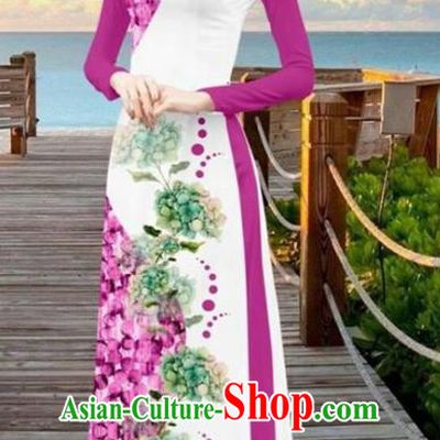 Asian Vietnam Printing Flowers Cheongsam Dress and Pants Traditional Vietnamese Costumes Classical Purple Ao Dai Qipao for Women