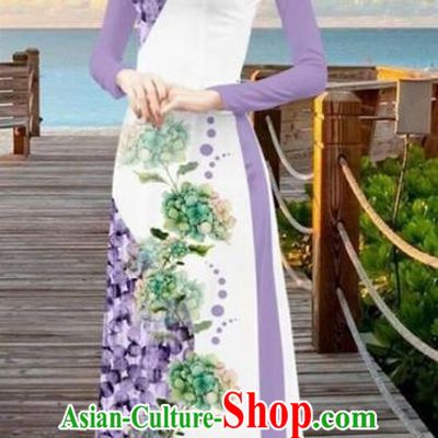 Asian Vietnam Printing Flowers Cheongsam Dress and Pants Traditional Vietnamese Costumes Classical Lilac Ao Dai Qipao for Women
