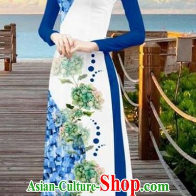Asian Vietnam Printing Flowers Cheongsam Dress and Pants Traditional Vietnamese Costumes Classical Blue Ao Dai Qipao for Women