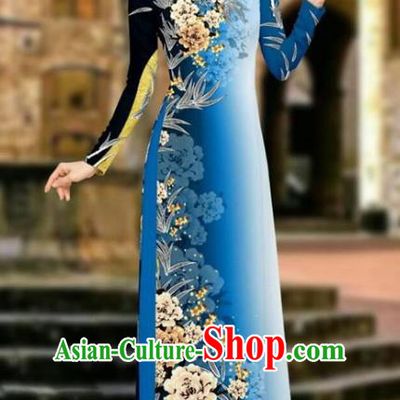 Asian Vietnam Cheongsam Dress and Pants Traditional Vietnamese Costumes Classical Printing Peony Blue Ao Dai Qipao for Women