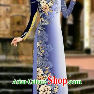 Asian Vietnam Cheongsam Dress and Pants Traditional Vietnamese Costumes Classical Printing Peony Purple Ao Dai Qipao for Women