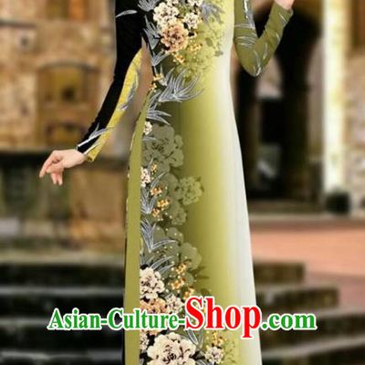 Asian Vietnam Cheongsam Dress and Pants Traditional Vietnamese Costumes Classical Printing Peony Green Ao Dai Qipao for Women