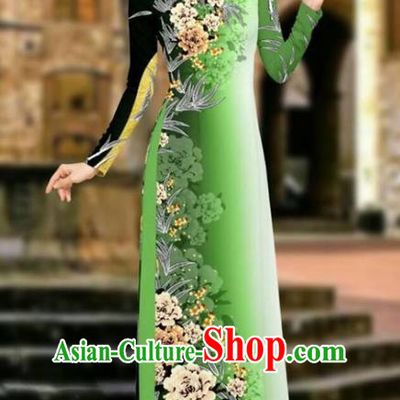 Asian Vietnam Cheongsam Dress and Pants Traditional Vietnamese Costumes Classical Printing Peony Olive Green Ao Dai Qipao for Women