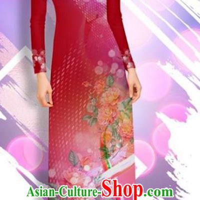 Asian Vietnam Printing Peony Cheongsam and Pants Traditional Vietnamese Female Costumes Classical Dark Red Ao Dai Qipao Dress