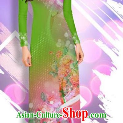 Asian Vietnam Printing Peony Cheongsam and Pants Traditional Vietnamese Female Costumes Classical Green Ao Dai Qipao Dress